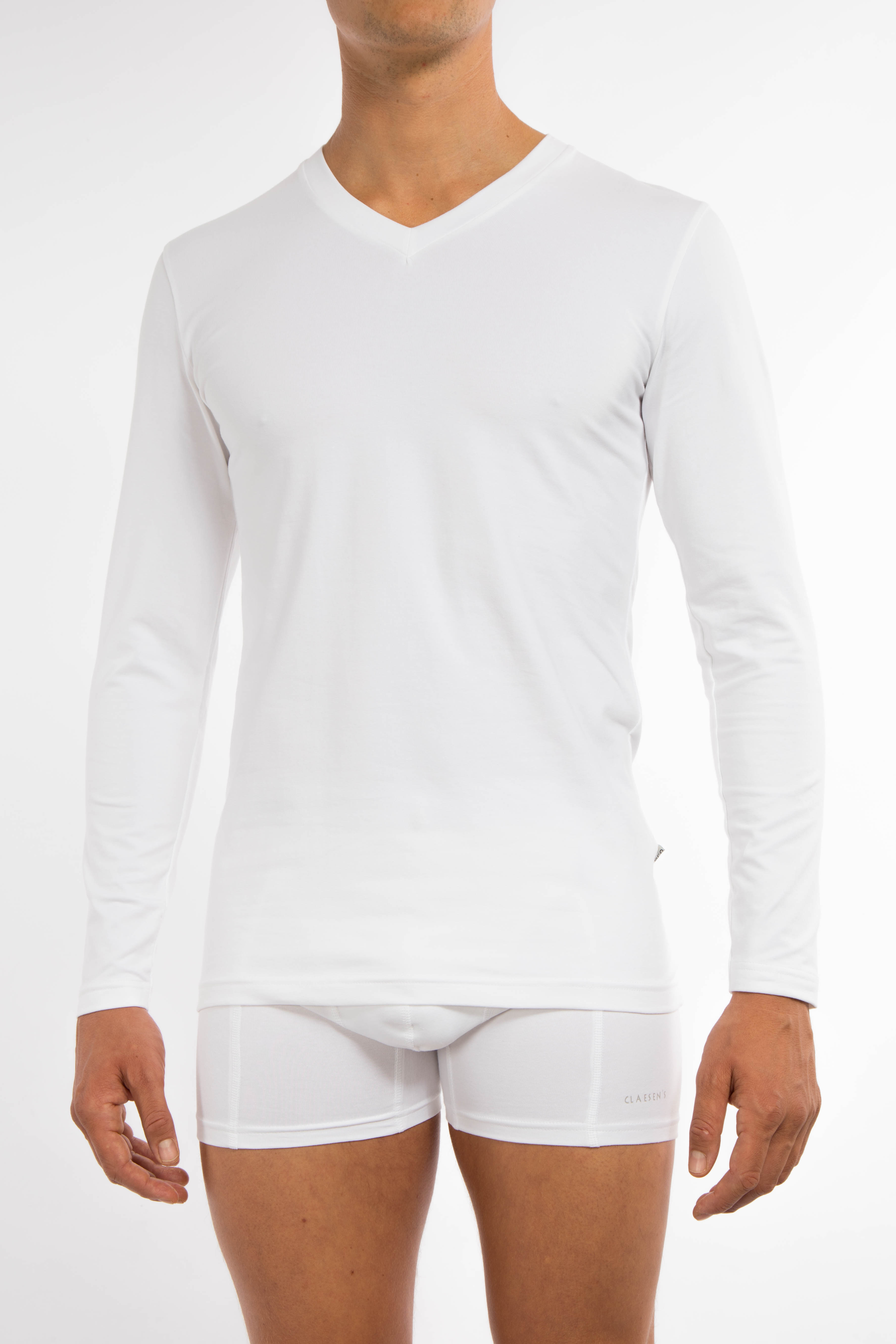 Gewaad Jood comfortabel Heren t-shirt met V- hals en lange mouwen in wit| Claesens.com